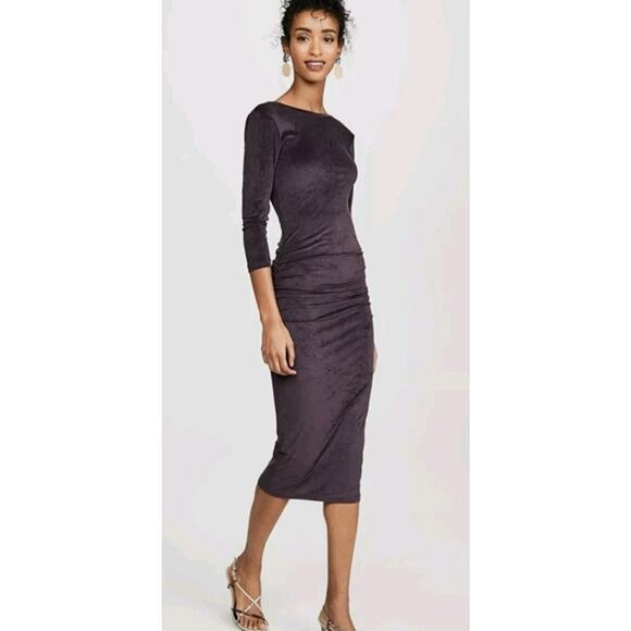 James Perse Women Purple Fitted Low Back Velvet Ruched 3/4 Sleeve Midi Dress S/M - Picture 1 of 12